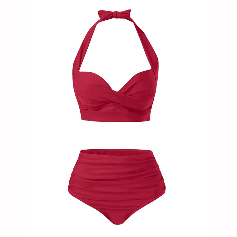 2025 Women's Bikinis Set Solid Color Knot Twist Bikini Swimsuit High Waist Adjustable Strap Two Piece Bathing Swimwear