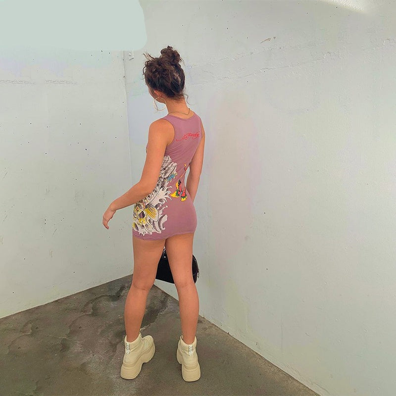 Bold Shade Street Style Women Summer Dress Indie Casual Fashion Graphic Printing  Mini Dresses Sleeveless Bodycon Clothes