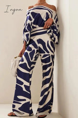 Ingvn - Casual Elegant Print Patchwork Off the Shoulder Long Sleeve Two Pieces(13 Colors)
