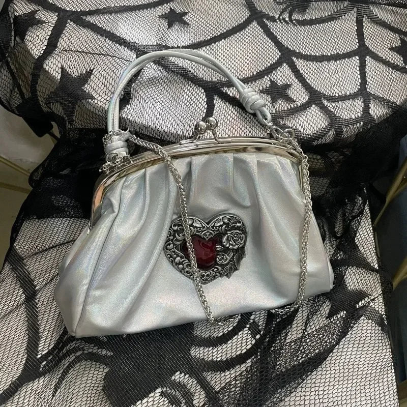 Ingvn  Vintage Y2k Womens Handbag Silver Gothic Fashion Chains Casual Shoulder Bag Pu Leather Pleated Original Female Shell Bag