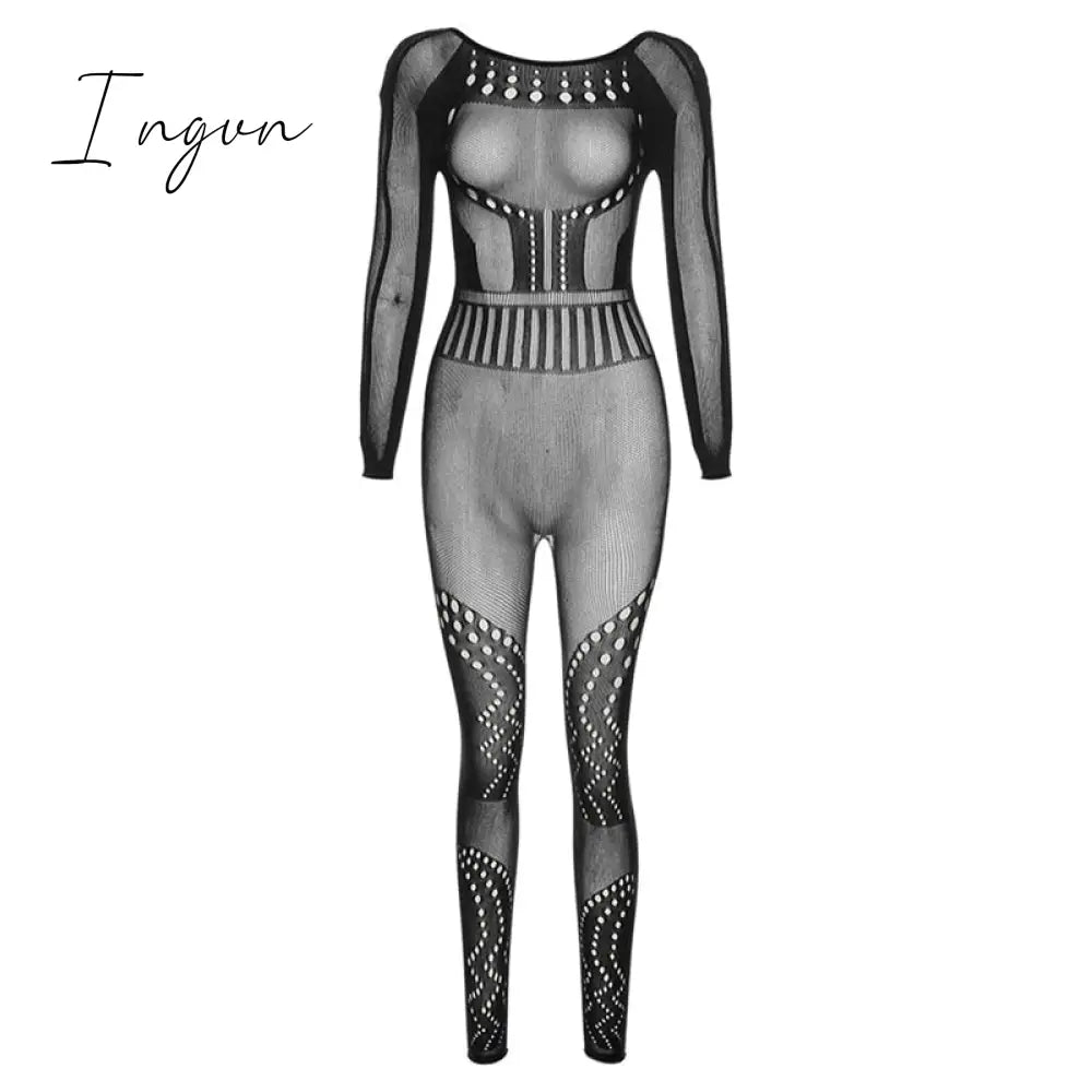 Ingvn - Hollow Out Knitted Mesh Jumpsuits Women Sexy See Through Long Sleeve Hipster Stretchy Skinny Overalls Clubwear Romper