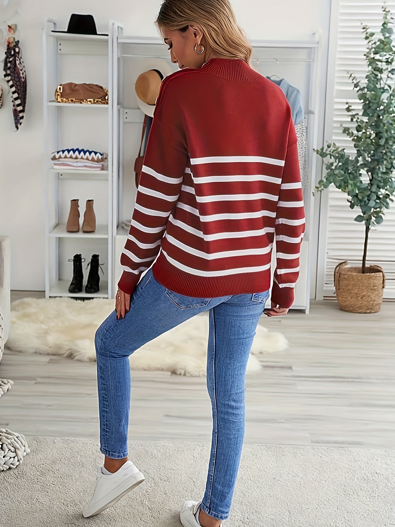 Casual Women's Striped Mock Neck Long Sleeve Pullover Sweater with Fake Button Detail