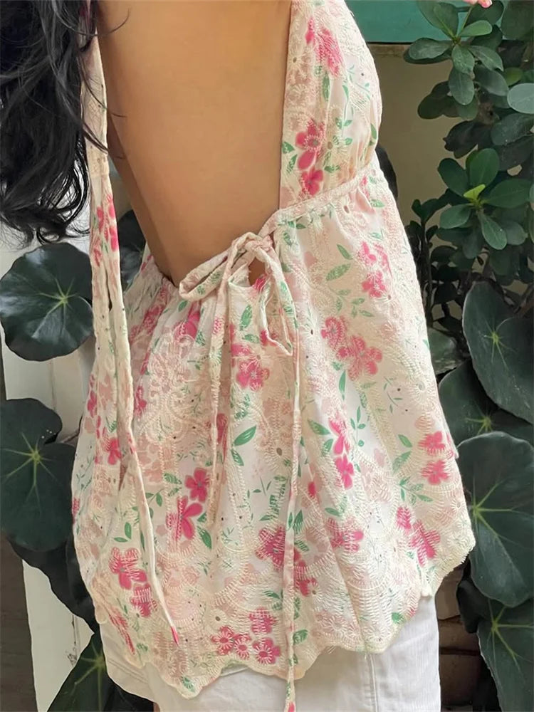 Women Floral Print Tank Tops V-Neck Tie-Up Halter Casual Vest Summer Sleeveless Tops Streetwear