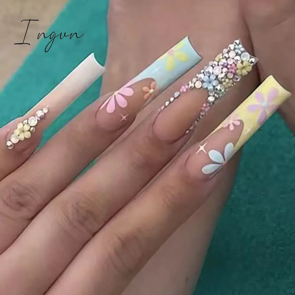 24pcs French rhinstones artifical nails with glue full cover false nails detachable coffin fake nail bling press on nails