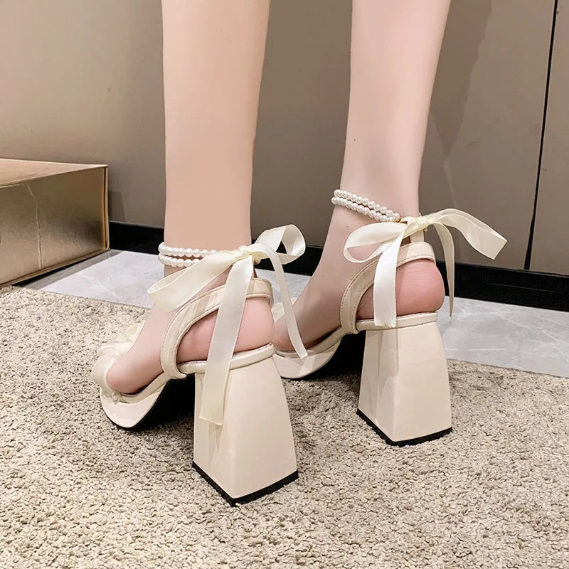 Ingvn  Comfortable Shoes for Women Fashion Pearl Sandals Female Block Heel Sandalias  New Arrival Chunky Sexy Hight Heels