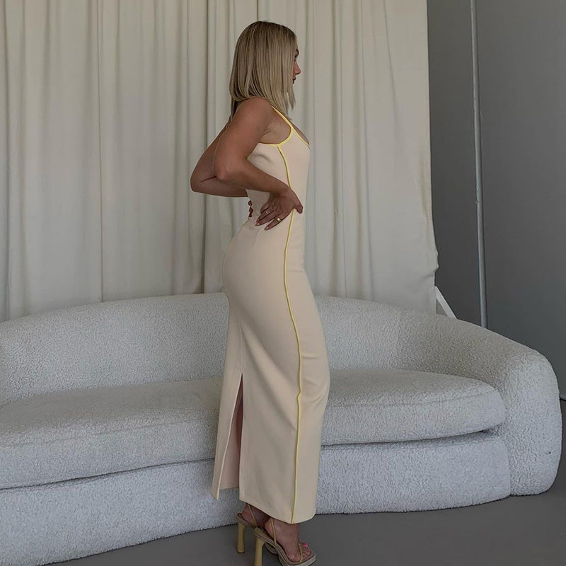 Bright Line Decoration Slip Backless U Neck Skinny Maxi Dress Spring Bodycon Fashion Y2K Streetwear Outfits
