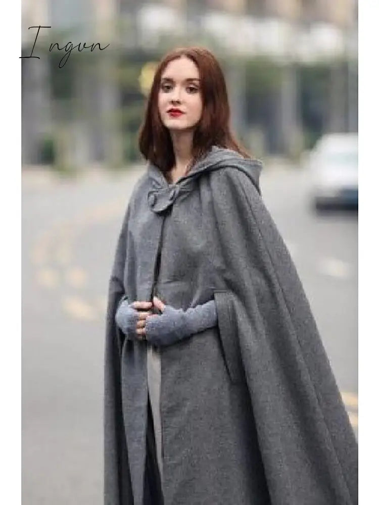 Ingvn - Women's Coat Cloak / Halloween Capes Long Layered Coat Green Black Blue Gray Stylish Christmas Fall Single Breasted Crewneck Loose S M L XL / Winter