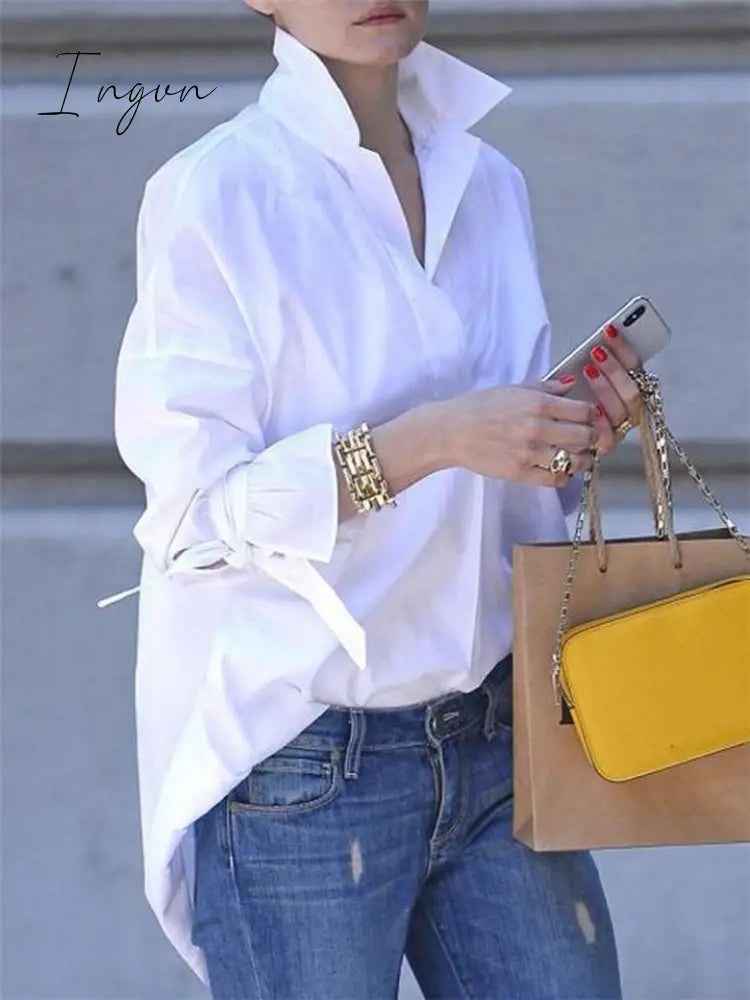 Ingvn - Casual Long Sleeve lapal Plain Blouse