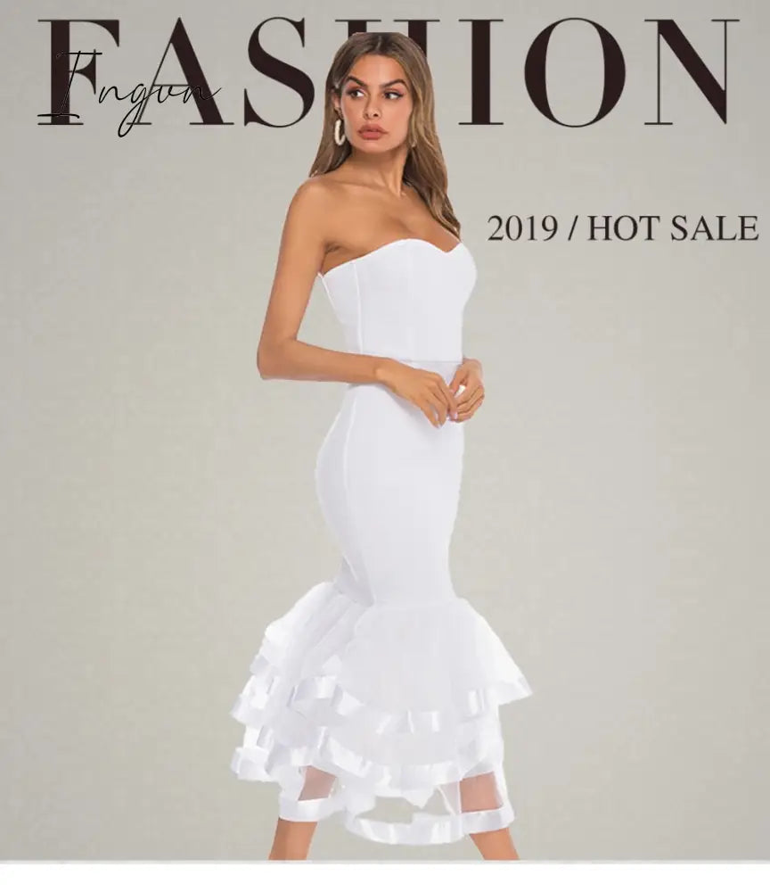 Ingvn - Women White Party Tube Tops Dress Wedding Off Shoulder Sexy Patchwork with Mesh Clubwear Dinner Evening Slim Bodycon Tunic Robes