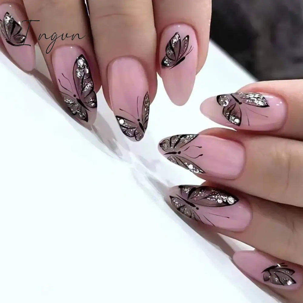 24Pcs Detachable Acrylic False Nails Press On Nail Cute Cherry French Almond Wearable Artificial Fake Nails Full Cover Nail Tips