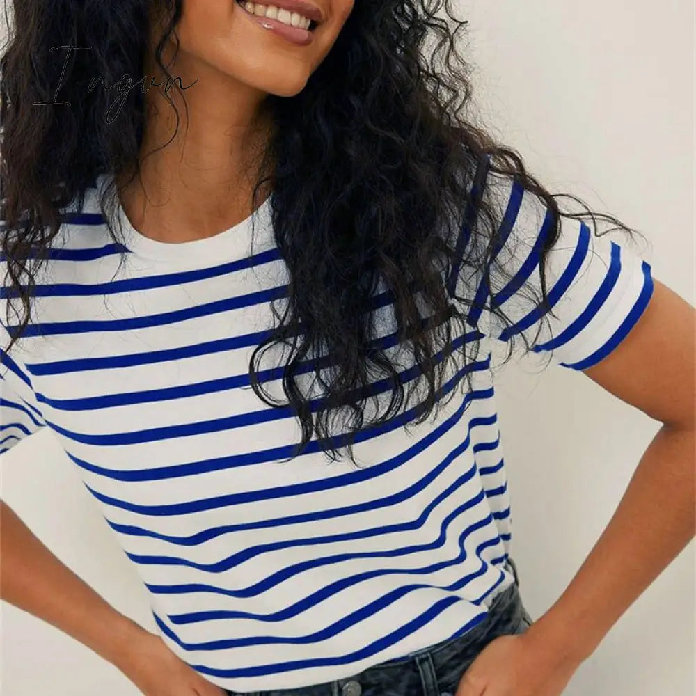 Ingvn - Ladies Loose Cotton Summer Short Sleeve O Neck Striped Basic T-Shirts Women T Shirt Casual Cozy Tee Tops Harajuku Shirt Female