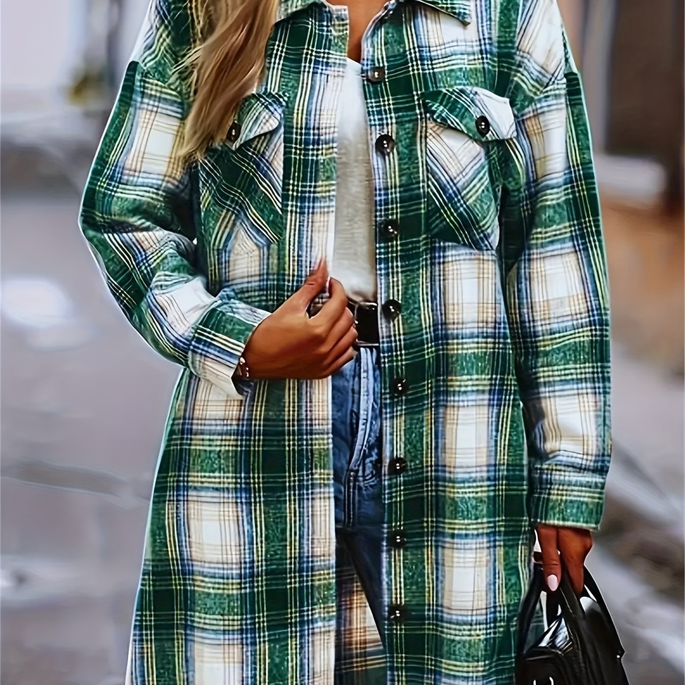 Classic Mid-Length Buffalo Plaid Shirt Jacket with Functional Pocket, Chic Turndown Collar, and Contrasting Buttons