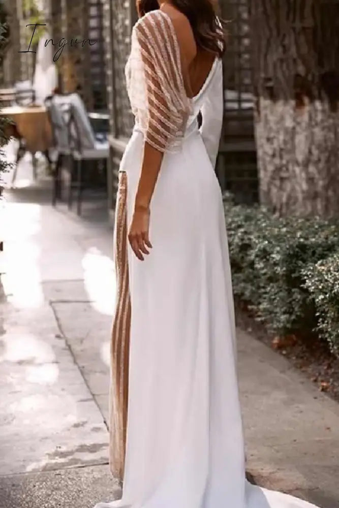 Ingvn - Sexy Patchwork See-through Asymmetrical V Neck Skinny Jumpsuits