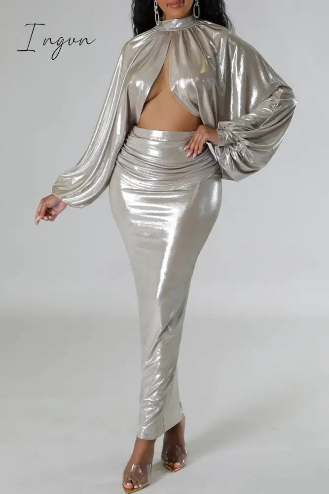 Ingvn - Sexy Street Solid Patchwork Fold O Neck Long Sleeve Two Pieces