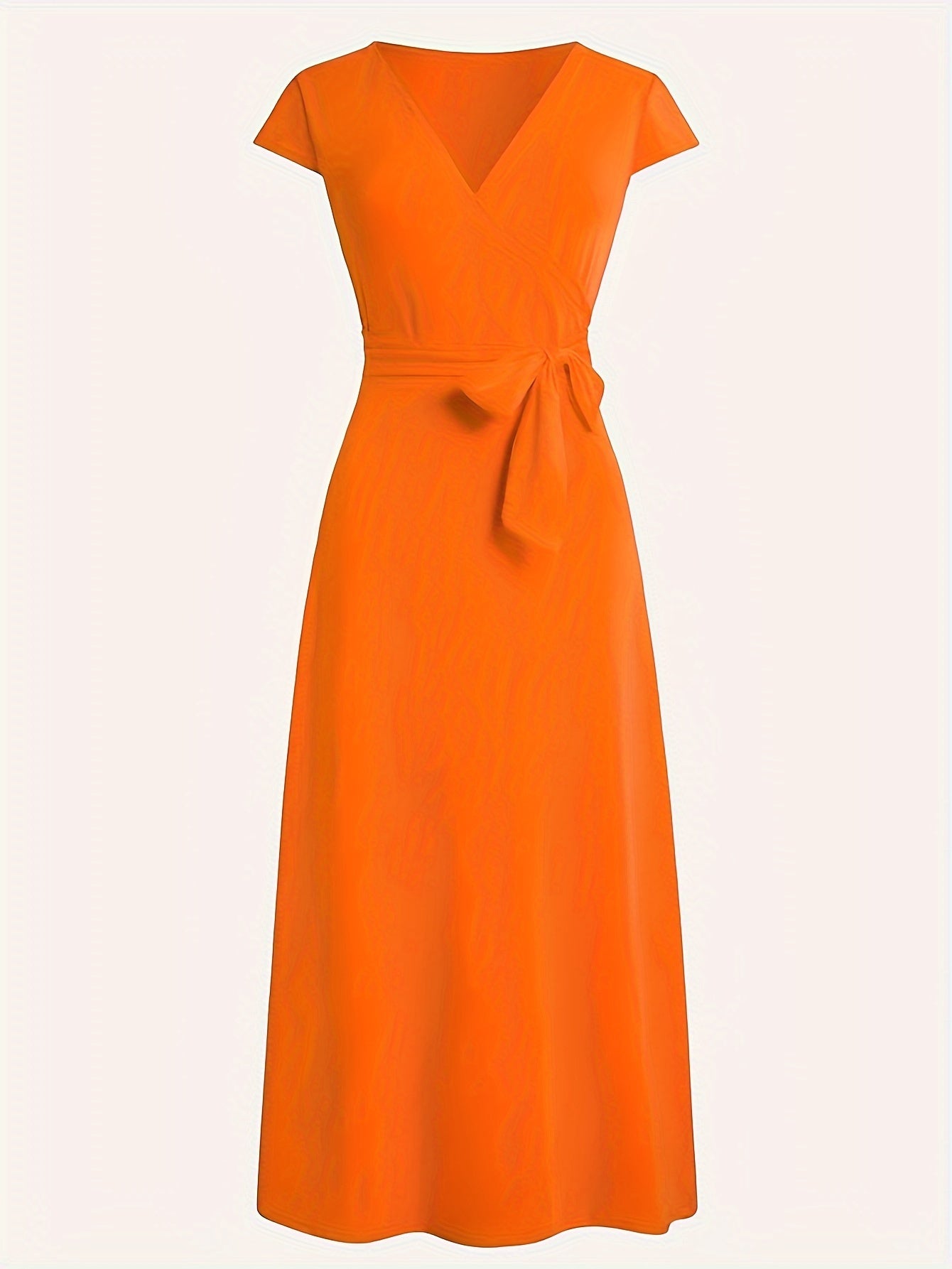 V Neck Tie Waist Dress, Casual Solid Color Cap Sleeve Dress For Summer, Women's Clothing