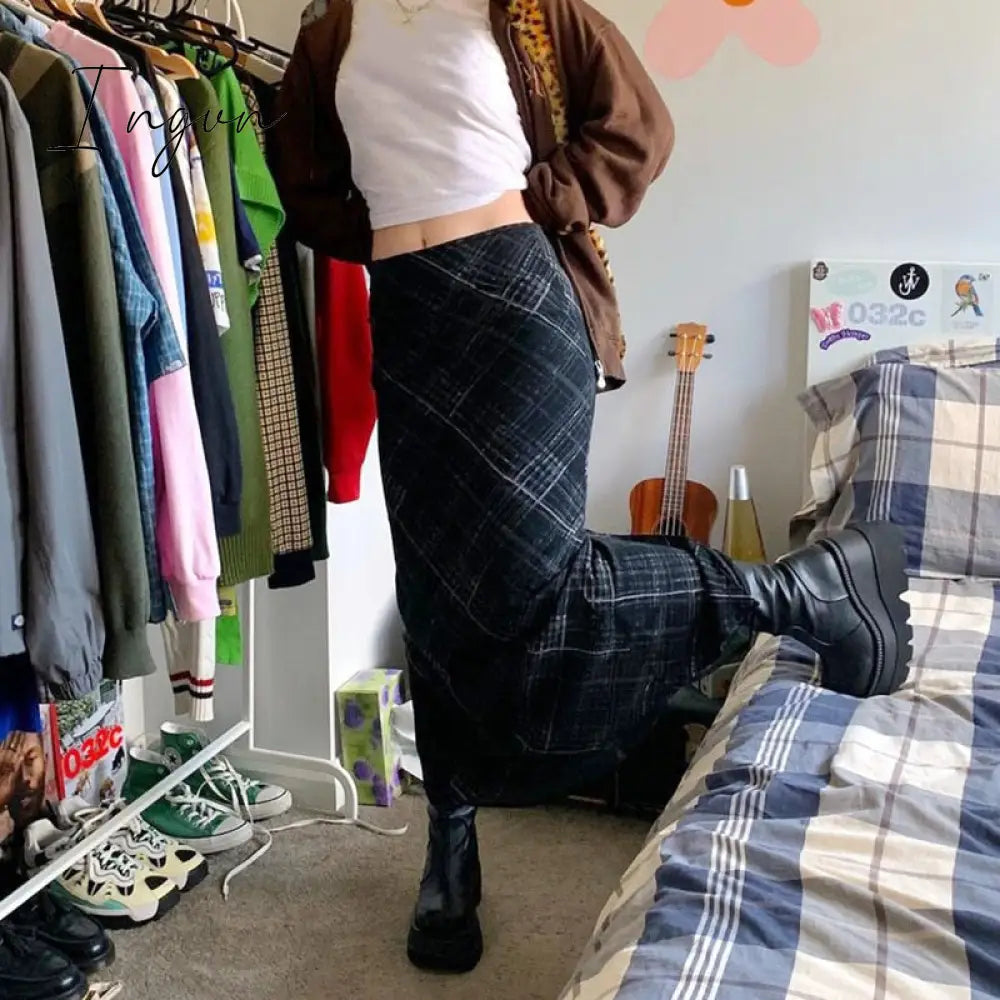 Ingvn - Autumn Fairy Grunge Long Tulle Skirts Women Kawaii Plaid Black Skirt Harajuku Low waisted Skirt Korean Fashion