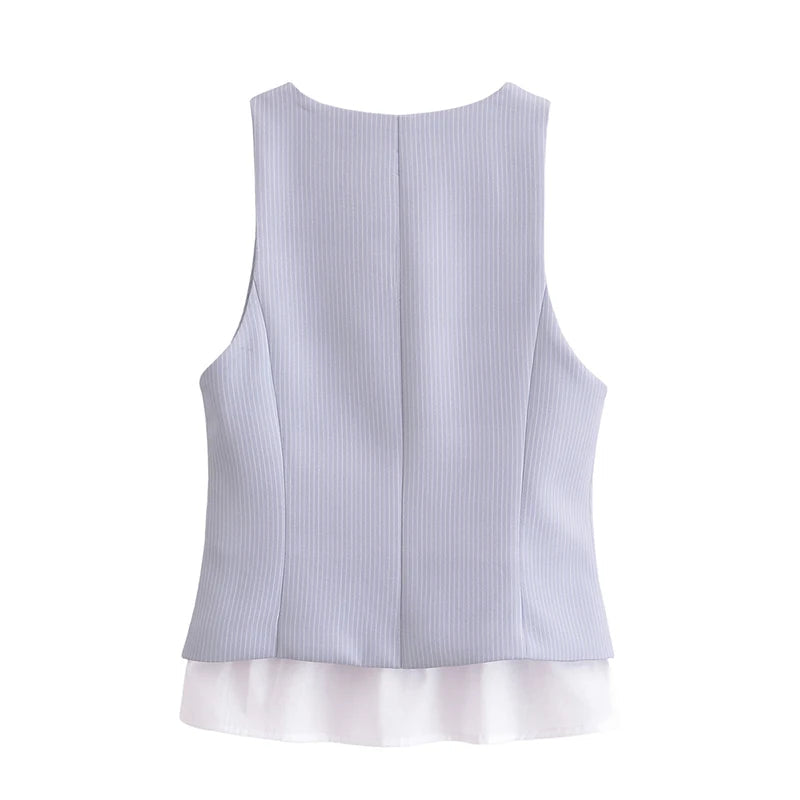 Women Patchwork Striped Temperament Vest Front Button V Neck Sleeveless Waistcoat Spring Summer Chic Tops