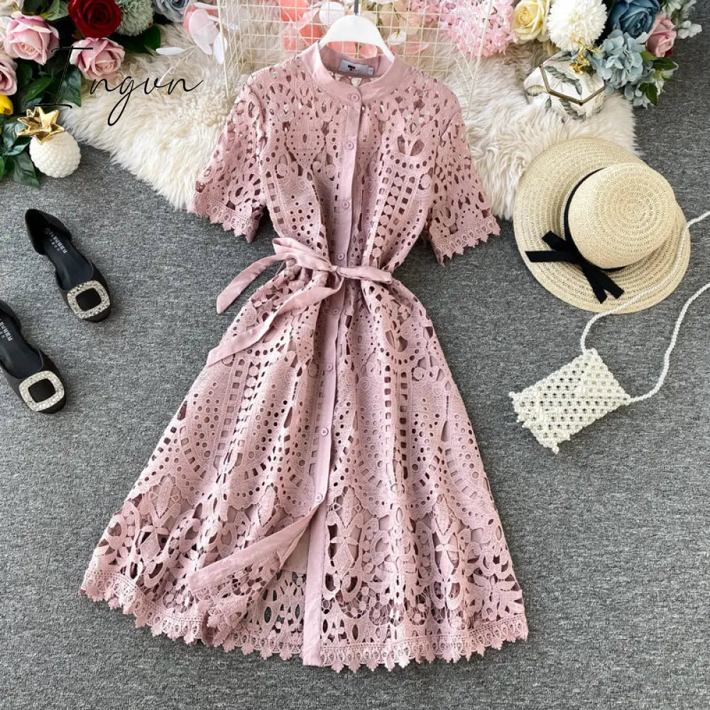 Ingvn - Women Elegant Hollow Out Lace Dress Office Lady Summer Solid O-Neck Button up Sashes Midi Dress Female Chic Short Sleeve Dress