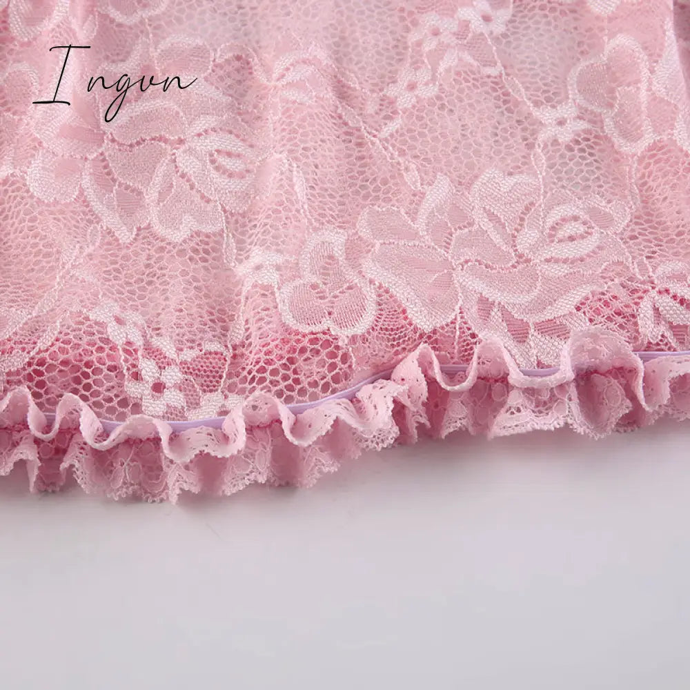 Ingvn - Sweet Cute Lace Cami Dress See Through Sexy Slim Sleeveless Ruffles Bow A-Line Mini Dresses For Women Summer Spring Lady