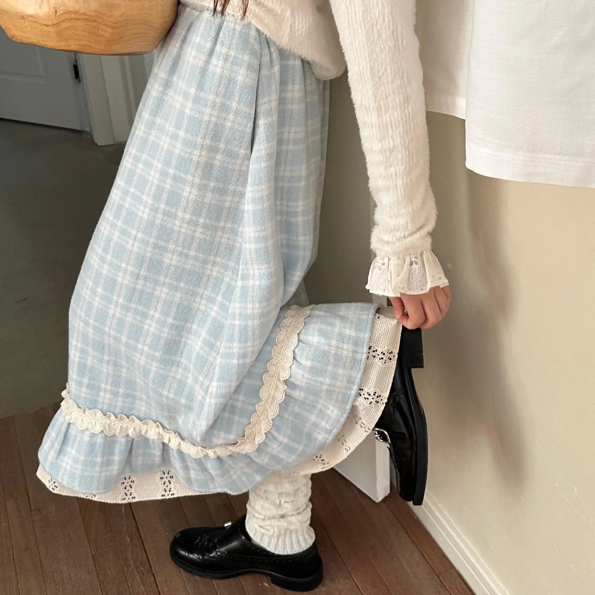 Autumn Winter Y2k Skirts Blue Plaid Woolen Vintage Plaid Lace Splicing Skirt High Waist Slimming A Word Long Skirt
