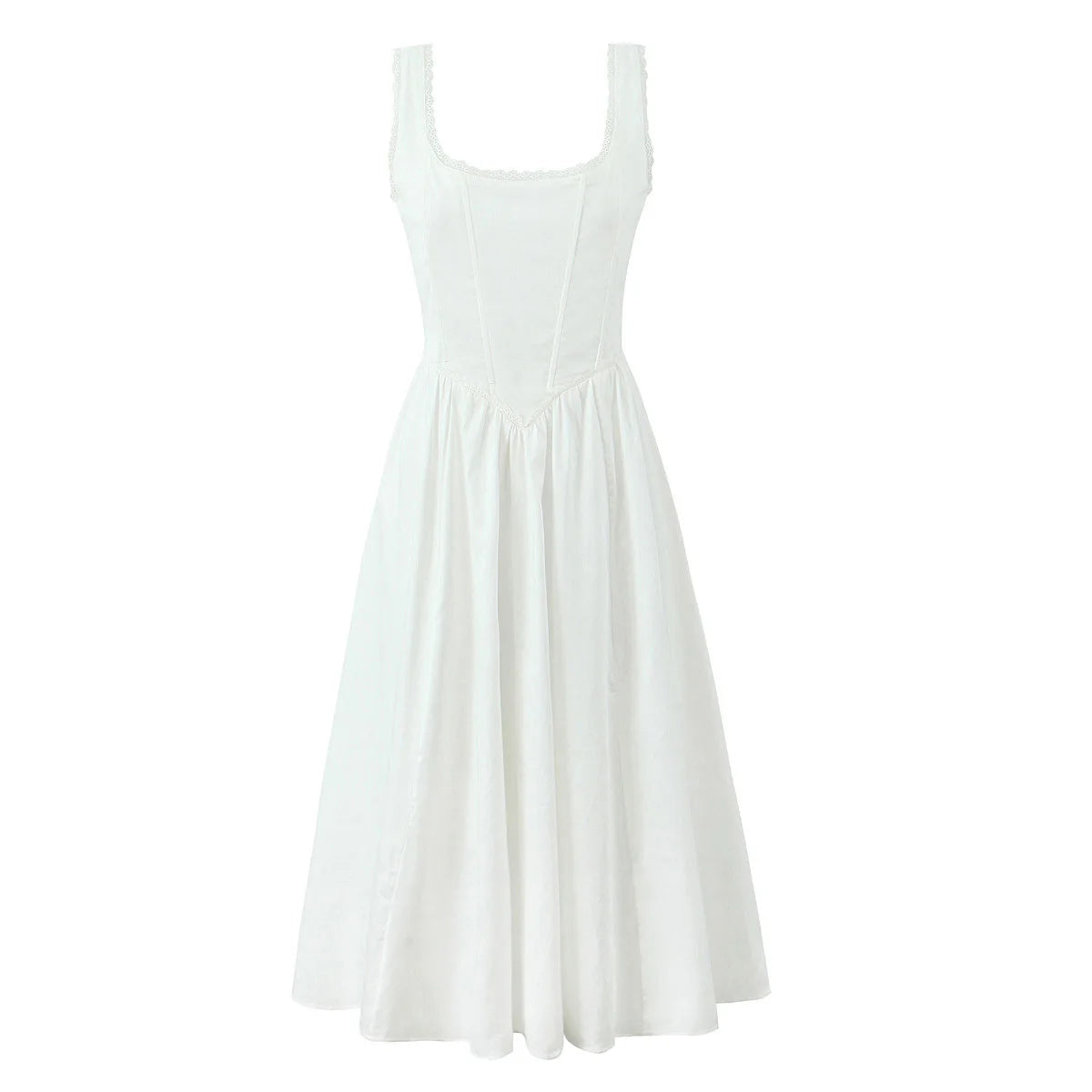 Elegant Women Sexy Backless O Neck White Tank Dress Pleated Swing Hem A-line Midi Summer Dress Lace Up Sundress Holiday