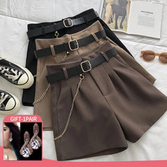 New Summer Women's Shorts Button Solid Color Pocket Casual High Waist Suit Shorts Casual Thin Women Clothing + Send Belt