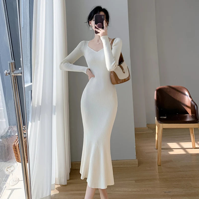 Autumn Knitted Mermaid Dresses for Women Korean Fashion Solid V-neck Long Sleeves Bodycon Party Dress Female Casual Clothing New