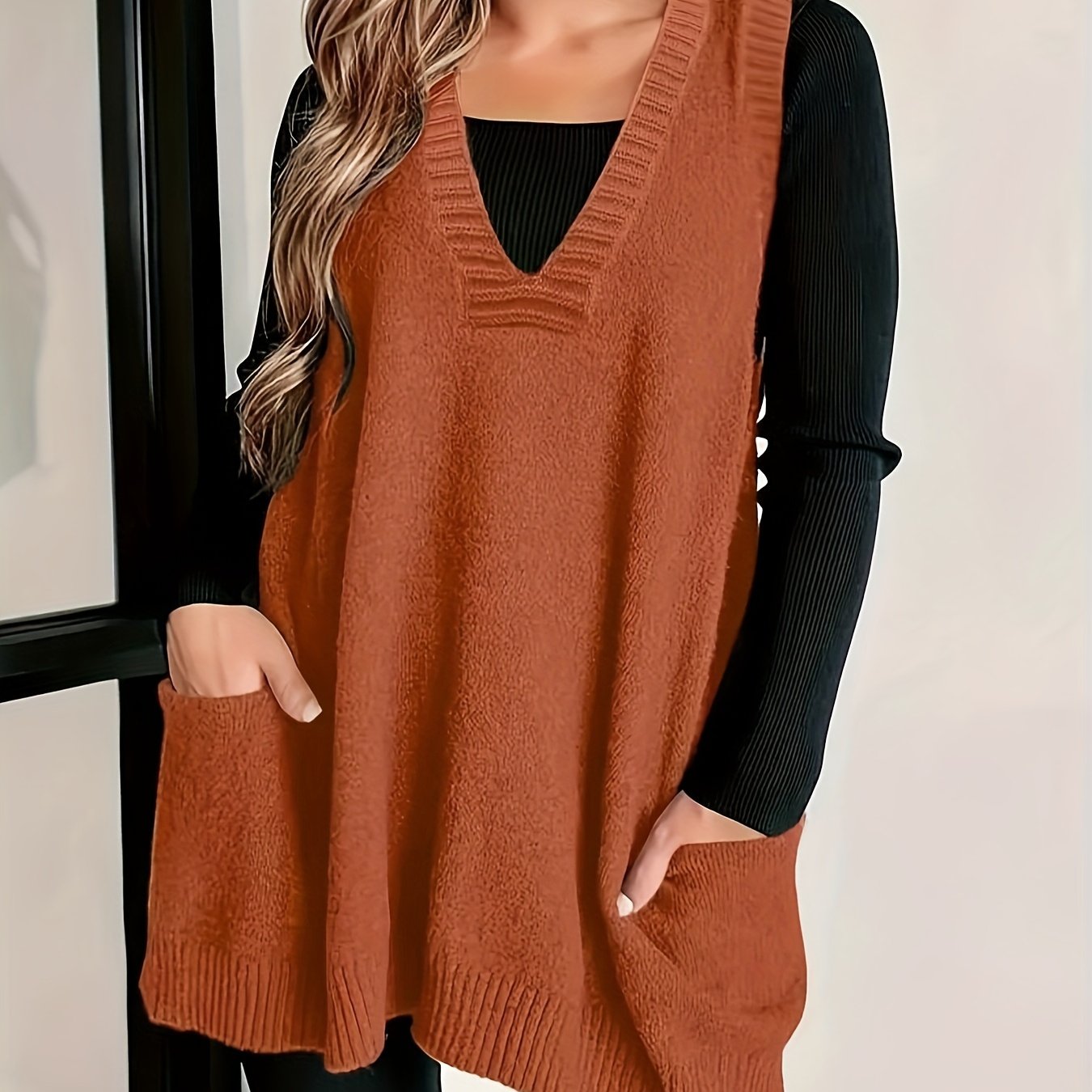 2024 Spring/Fall New Arrival V-Neck Knitted Vest with Pockets, Casual Large Size Pullover Cardigan, Solid Color, Polyester, No Bra Pad, for Casual Outings