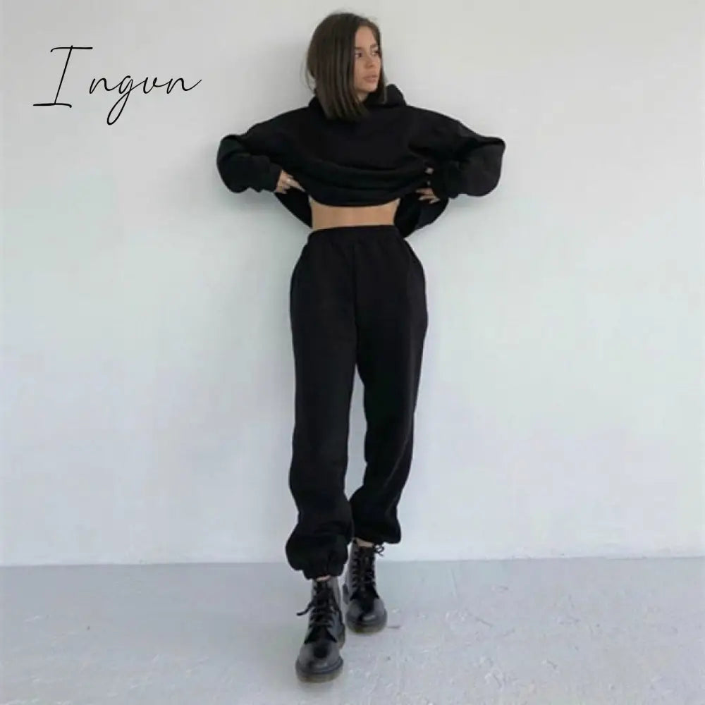 Ingvn - 2 Piece Set Women Spring Autumn Tracksuit Solid Hooded Sweatshirt Top And Wide Leg Pants Suits Loose Casual Fashion Sportswear