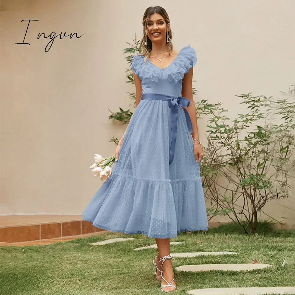 Ingvn - Fashion Trends V-neck mesh polka dot summer tulle party dress women Backless pink ruffle sleeveless dresses Elegant sash maxi vestido