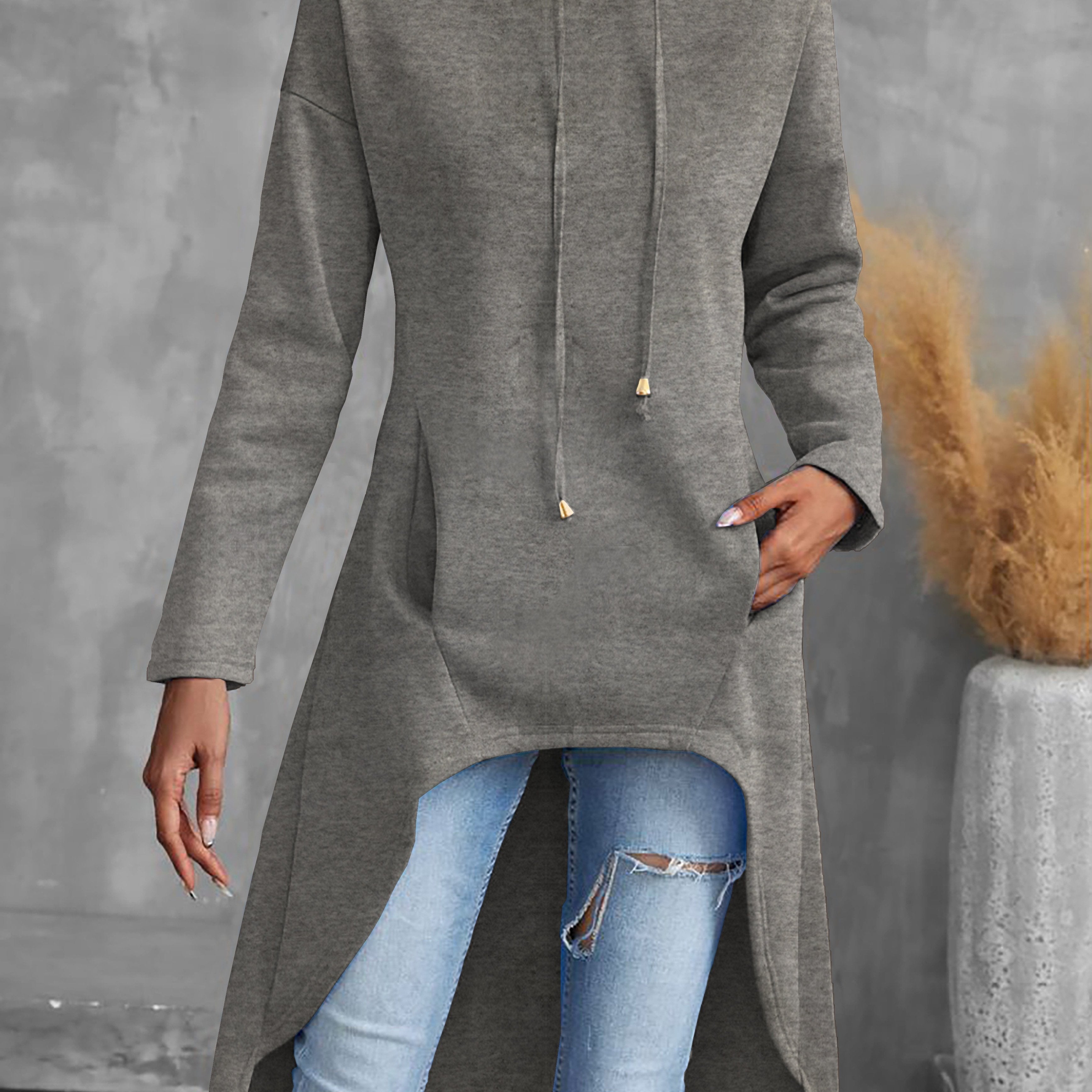 Solid Color Hig-low Hoodie, Casual Long Sleeve Drawstring Hoodie Sweatshirt, Women's Clothing