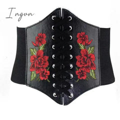 Ingvn - Midi Dress Luxury Elegant A-Line Party Belt Hollow Out Lace Embroidery Dresses Women Spring Long Sleeve Vintage