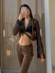 Sexy Women's Bell Sleeve Mesh Crop Top for Spring & Summer, Casual Slim Fit Clothing