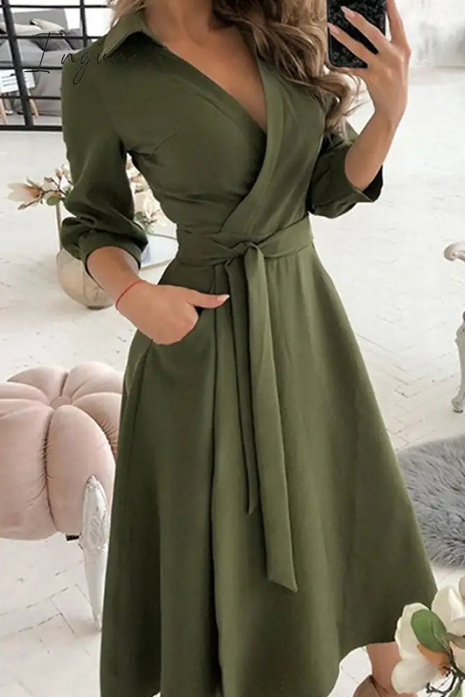 Ingvn - Fashion Elegant Print Solid Patchwork Frenulum V Neck A Line Dresses(10 Colors)