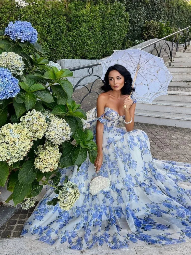 Elegant Blue Print Lace-up Maxi Dress Women Fashion Square Collar Sleeveless High Waist Dresses Ladies Evening Party Robes