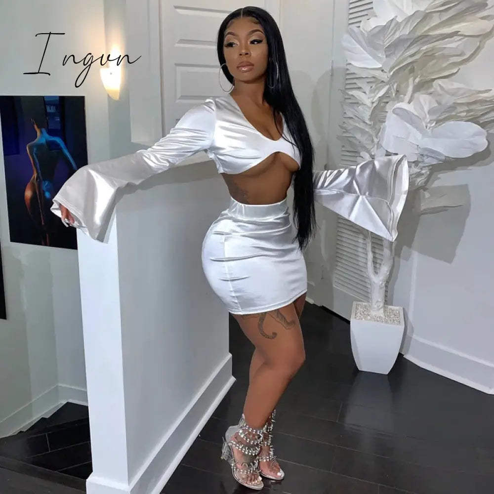 Ingvn - Satin Flare Long Sleeve 2 Two Piece Matching Set Women Crop Top Skirt Autumn Winter Birthday Fashion Sexy Clothes
