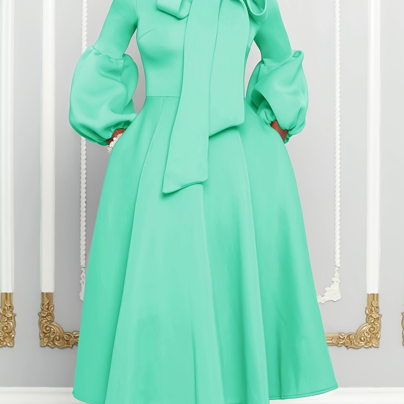 Solid Color Tie Neck Aline Dress, Elegant Ruffle Trim Lantern Sleeve Dress For Spring & Fall, Women's Clothing