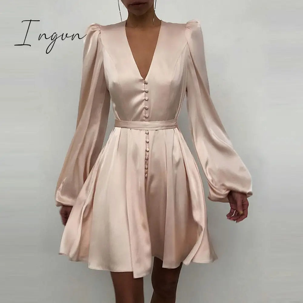 Ingvn - Trends high quality Spring New Women Sexy V Neck Letters Print Fashion Short Dresses Casual Satin Slim Lantern Sleeves Zipper Elegant Party Vestidos