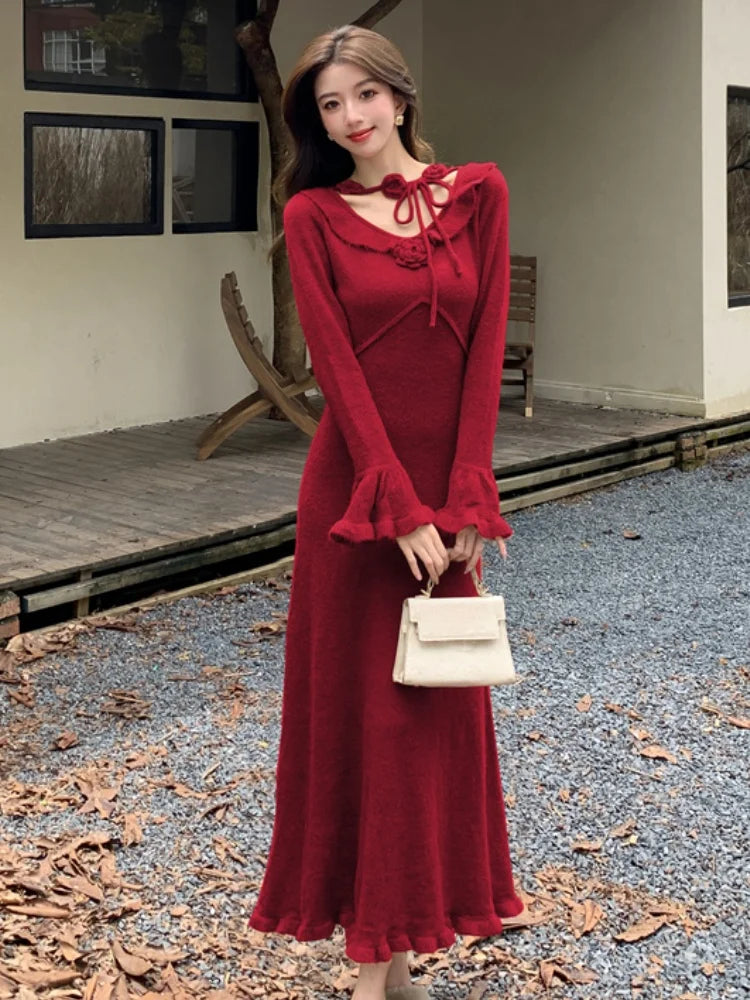 Elegant Solid Knitted Dress for Women Vintage French Flare Sleeve Bodycon Princess Evening Party Womens Dresses Slim Vestidos