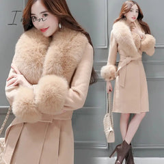 Ingvn - Fur Woolen Coat =New Women  Knee Mid-length Korean Fashion Big Fur Collar Beautiful Cloak Red Pink White Camel S To 3XL