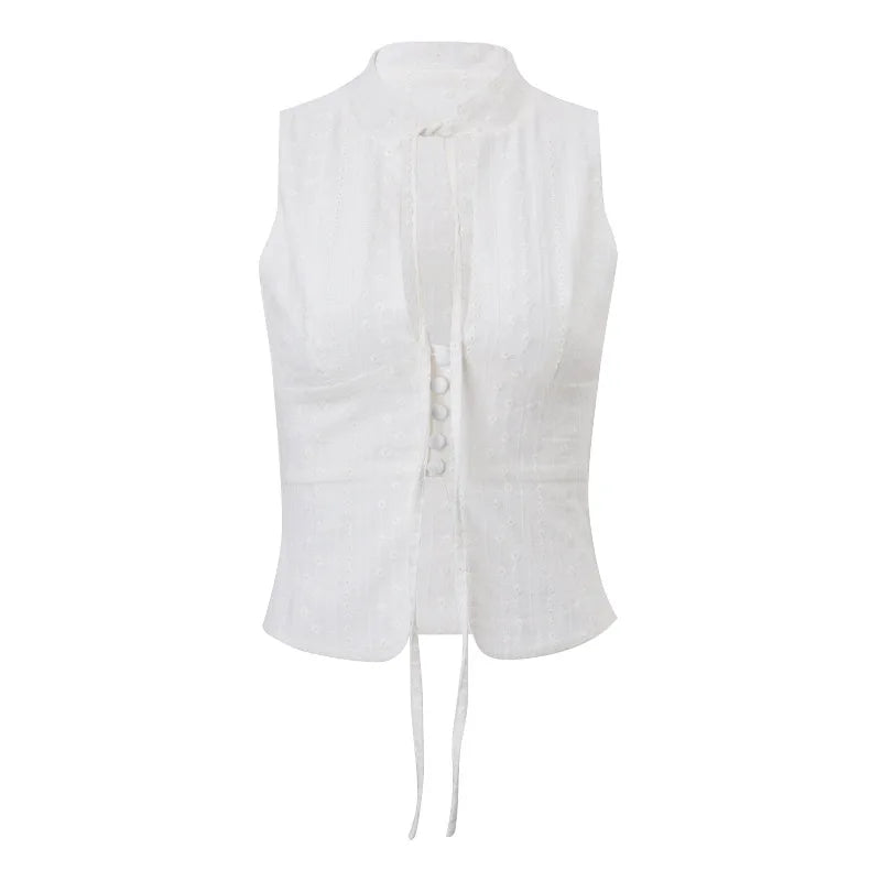 y2k Tank Top Women Summer Clothes White Flower Embroidery Mock Neck Front Cutout Sleeveless T Shirt Vest Streetwear