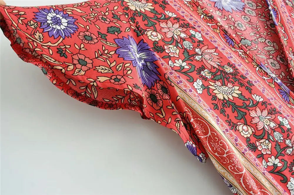 Ingvn - Vintage chic vestidos women Floral print bat sleeve beach long Bohemian maxi dress Ladies sexy V neck  Summer Boho happie  dress