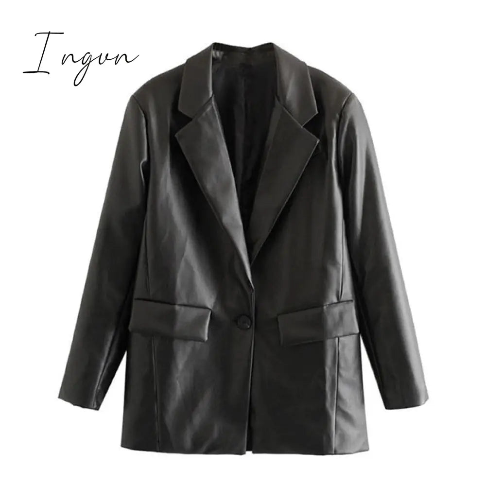 Ingvn - Women Fashion Faux Leather Pockets Loose Blazer Coat Vintage Long Sleeve Back Vents Female Outerwear Chic Tops