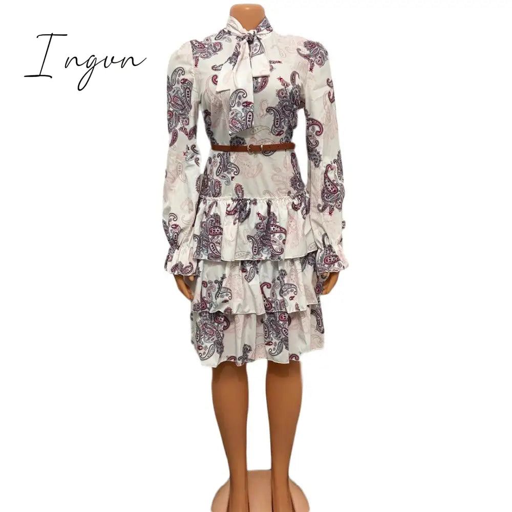 Ingvn - Women Printed Dresses Long Sleeves Bowtie Cake Dress Female Ruffles Pleated Africn Fashion Lovely Date Sweet Vestidos Plus Size