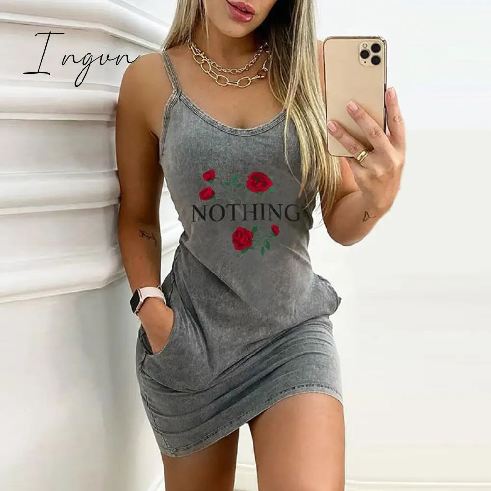 Ingvn - Sexy Sleeveless Letter Pattern Print Summer Dress Elegant Straps O Neck Backless Party Dress Women Casual Pocket Mini Dress 3XL