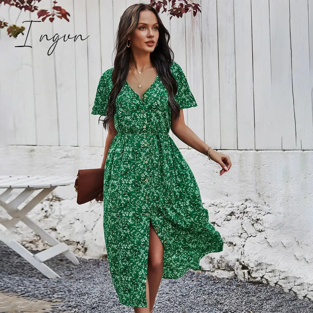 Ingvn - New Ladies Vintage Maxi Floral Print Summer Dress Women Slim Casual High Waist Button Bohemian Women Beach Dress Vestidos Female