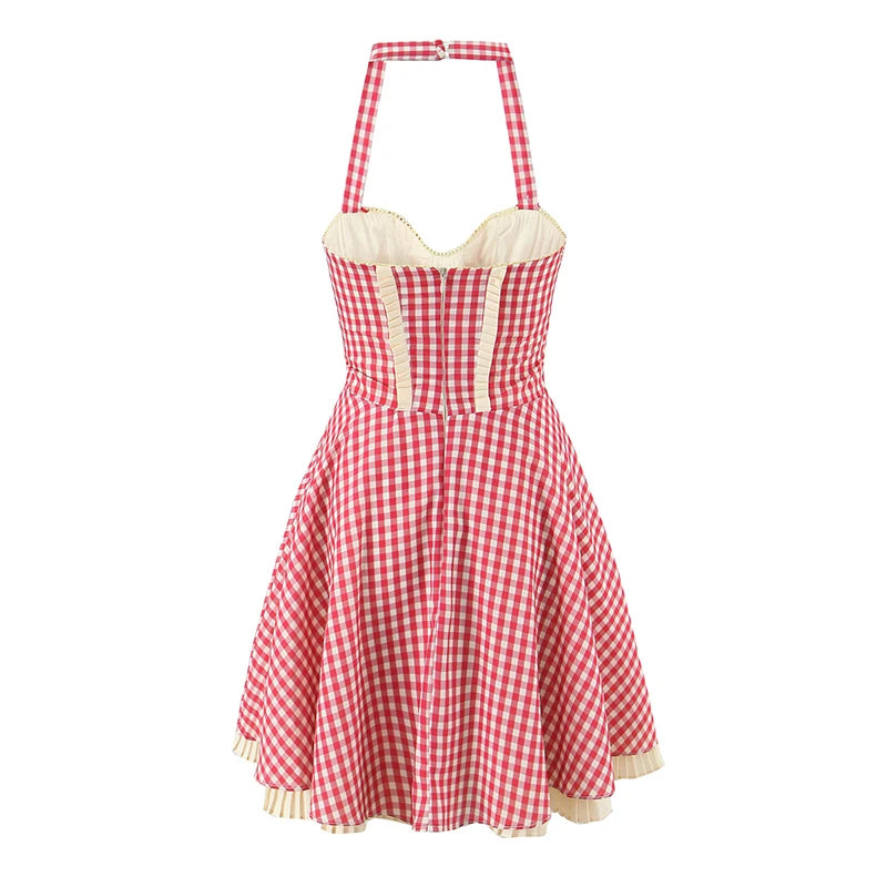 Cute Girl Red Plaid Halter Mini Dresses Women Front Button Pockets Sexy Backless  A-line Short Summer Dress Cotton Robe