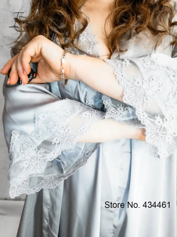 Ingvn - Lace Trim Sexy Wedding Lady Robe Suit Loose Satin Bride Bridesmaid Kimono Bathrobe Gown Mini Sleepwear Rayon Intimate Lingerie