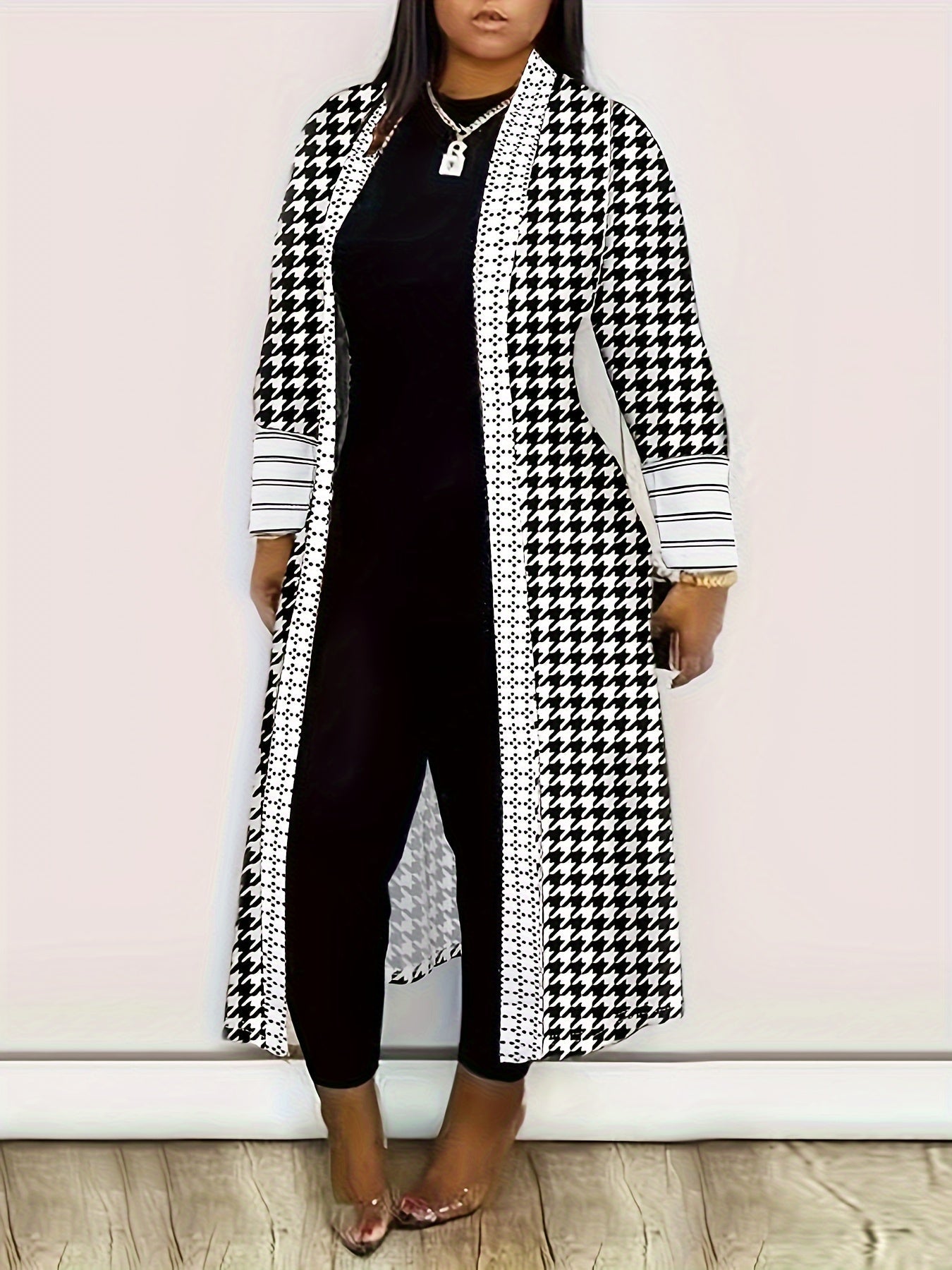 Long Sleeve Colorblock Geometric Print Casual Open Front Cardigan, Women's Clothing