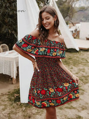 Ingvn - Bohemian Print Off-Shoulder Strapless Knee Length Dress